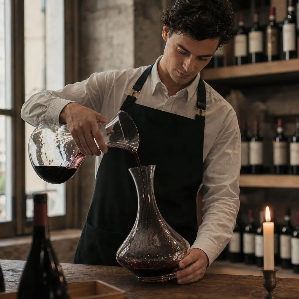 A sommelier decanting red wine into a crystal decanter by candlelight